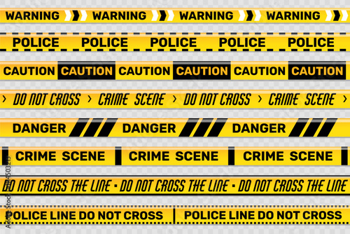 Police line. Caution adhesive tape. Danger zone. Crossing prohibition. Black and yellow strips. Restriction zone. Prohibited cordon. Security ribbons. Crime place borders vector set