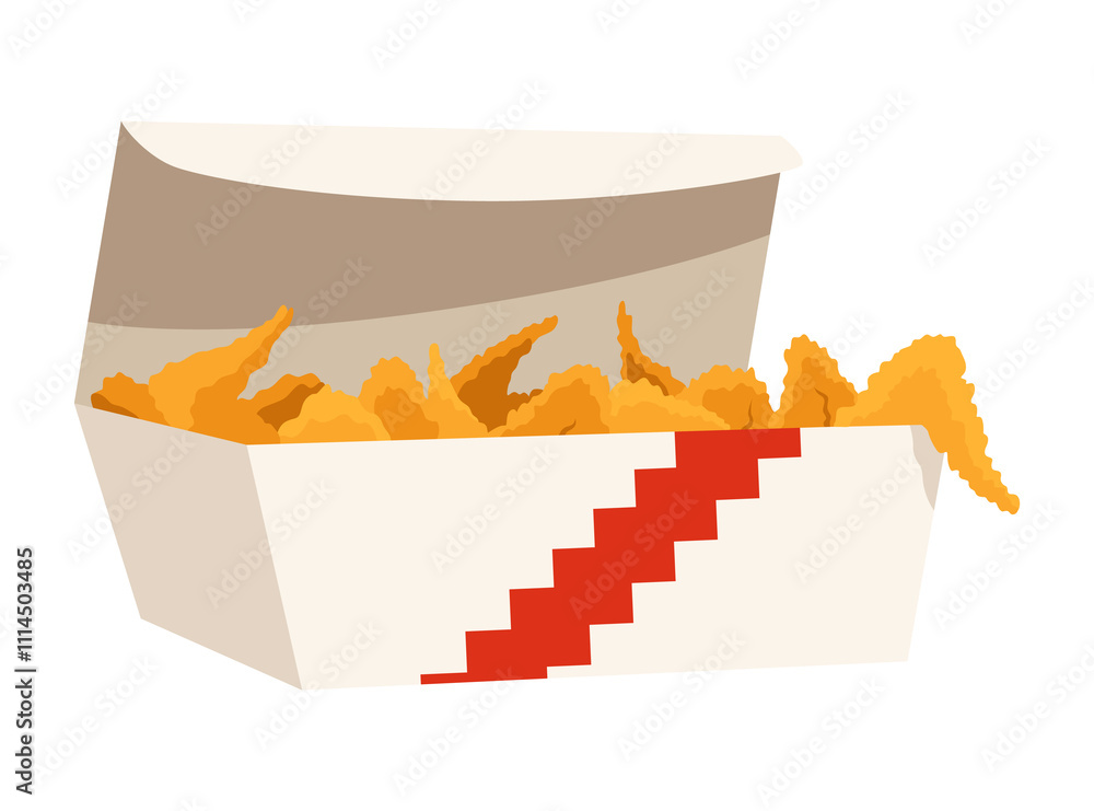 Fried chicken. Crispy fried chicken drumsticks in box isolated on white background. Beautiful delicious in cartoon style. Fresh fast food fry meat