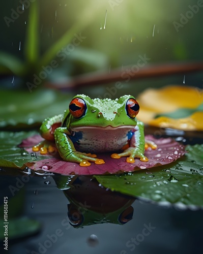 a tree green treefrog sitting on a lotus leaf photo