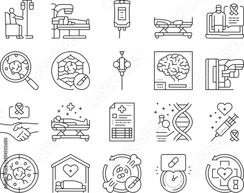 cancer treatment chemotherapy icons set vector. immunotherapy, radiotherapy surgery, oncology biopsy, remission metastasis, tumor cancer treatment chemotherapy black contour illustrations