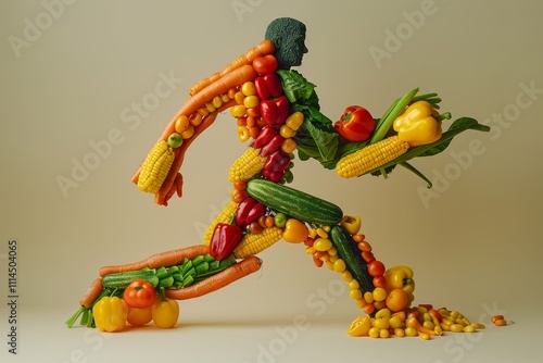 An athletic silhouette of a man created from multi-coloured vegetables: carrots, bell peppers, corn, tomatoes, cucumbers, broccoli and herbs - running on a simple coloured background.