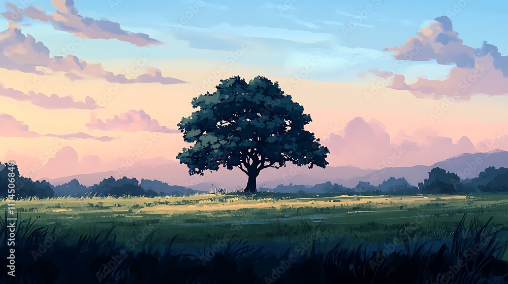 Fototapeta premium Solitary Tree in a Peaceful Sunset Meadow Landscape