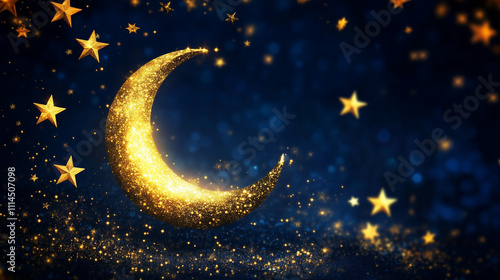 Wallpaper Mural Golden crescent moon and stars on a blue sparkling background Torontodigital.ca