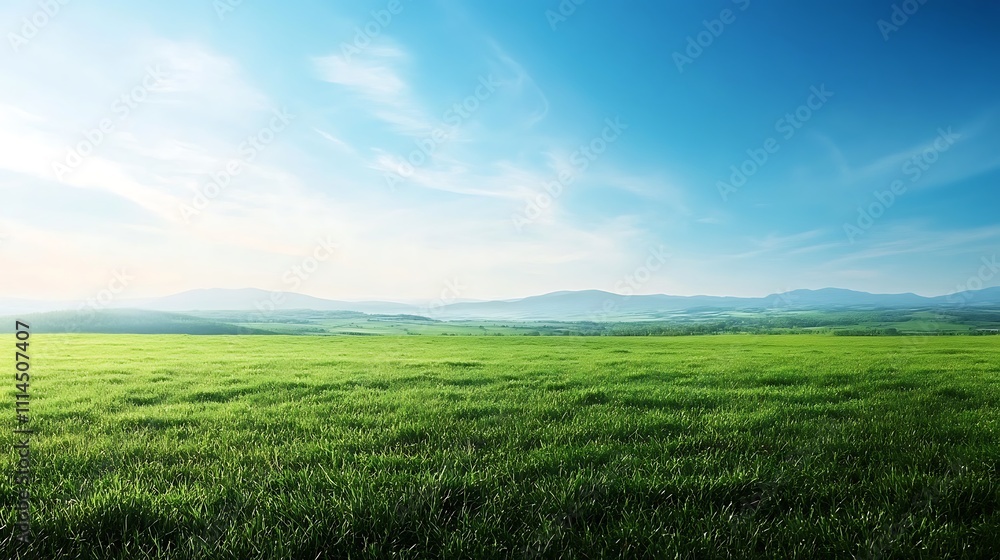 Fototapeta premium Serene Green Field Under a Blue Sky With Distant Mountains