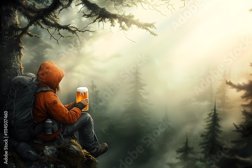 A hiker relaxing with a refreshing beer amidst a vibrant old growth forest dappled sunlight filtering through the canopy creating an ethereal impressionistic mood with a serene mountain trail setting photo