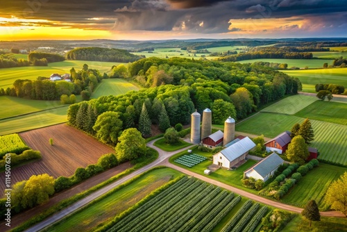 Aerial shot of a sustainable community with ecofriendly buildings, renewable energy features, and lush green surroundings, Wallpaper Background. photo