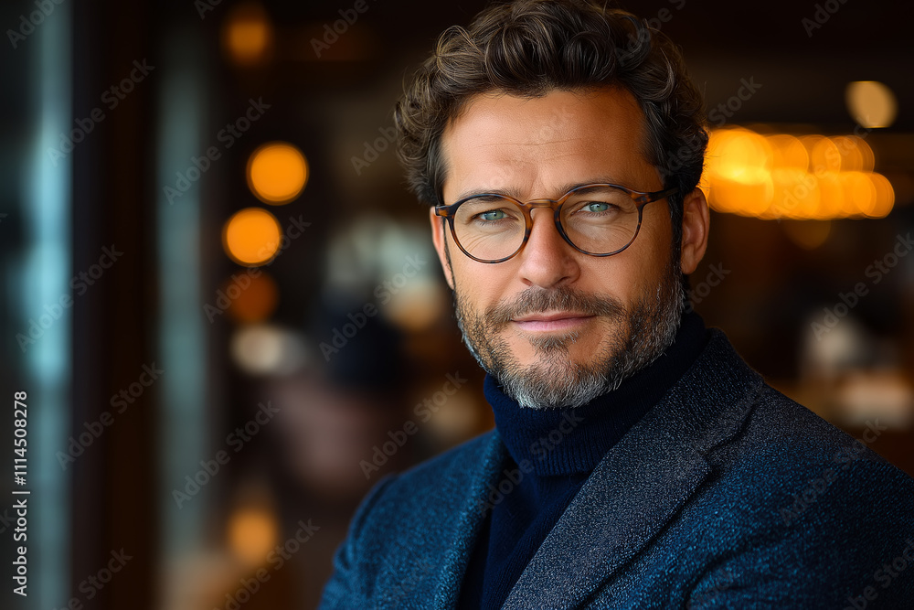 Well-dressed man set against a softly lit indoor background with bokeh lights Well-dressed man set against a softly lit indoor background with bokeh lights