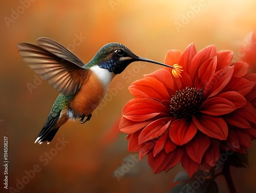 Hummingbird hovering delicately near a vibrant red flower its iridescent feathers glistening in the sunlight as it extracts nectar creating a whimsical and graceful scene in a lush