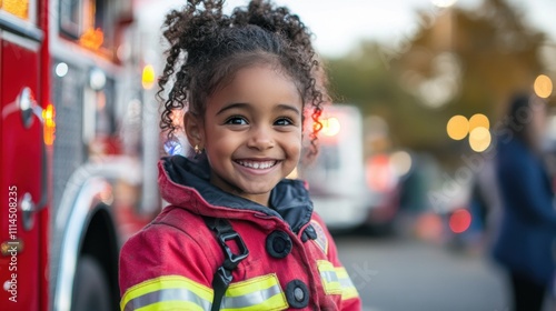 Young girl in firefighter uniform smiles brightly at community event near fire truck