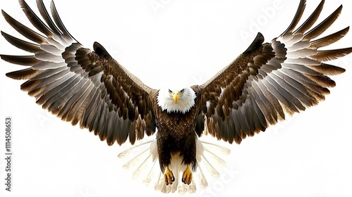  A regal bald eagle, wings partially spread, preparing for flight. Its sharp beak and fierce gaze are captured in fine detail,   photo