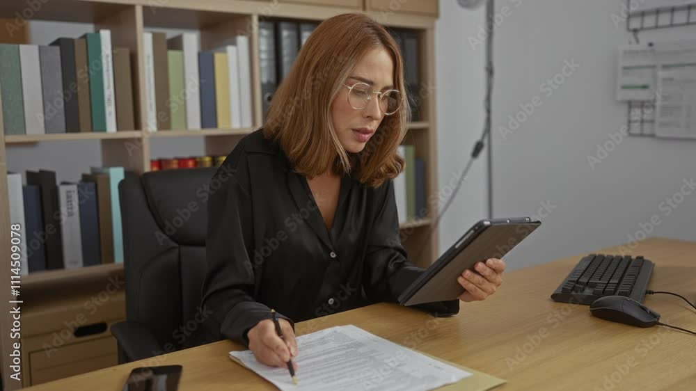 Woman in black shirt sitting at desk in modern office reading document and using tablet with bookshelf in background Woman in black shirt sitting at desk in modern office reading document and using tablet with bookshelf in background