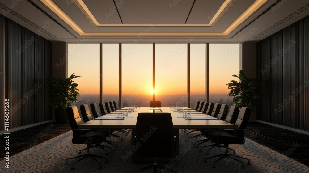 Fototapeta premium Modern Conference Room with Elegant Design at Sunset Offering Scenic View of City Skyline and Illuminated Interior Features for Corporate Meetings or Presentations