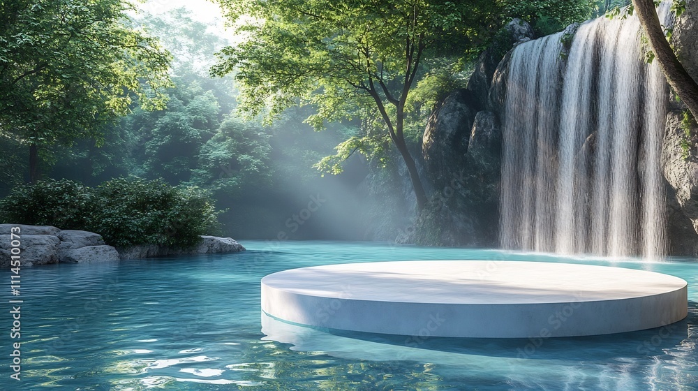 Floating Podium on Tranquil Forest Pond with Majestic Waterfall Backdrop Floating Podium on Tranquil Forest Pond with Majestic Waterfall Backdrop