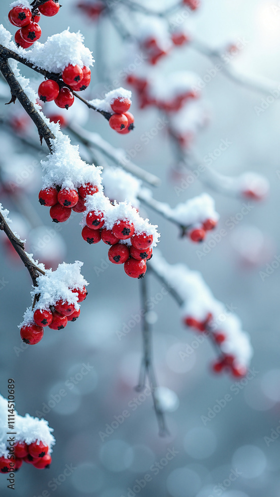 Enchanting Winter Wonderland: Snowy Branches with Red Berries for Holiday Marketing and Seasonal Greetings Enchanting Winter Wonderland: Snowy Branches with Red Berries for Holiday Marketing and Seasonal Greetings
