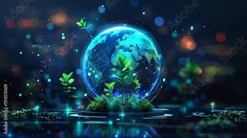 ystal Globe with a Sustainable Development Icon, Representing Clean Energy, Eco-Friendliness, Green Technology, and Environmental Protection, Emphasizing Technology for a Safe and Eco-Friendly Nature photo