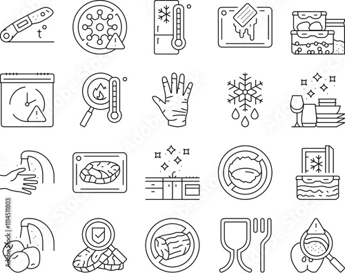 food safety hygiene inspection icons set vector. contamination inspection, regulation bacteria, pathogens allergens, contamination food safety hygiene inspection black contour illustrations
