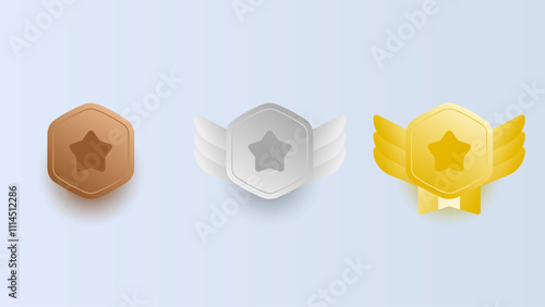 Game rank set medal level badge vector illustration. Cartoon vector metal bronze, silver and golden winged shields convey advancement, success and achievement