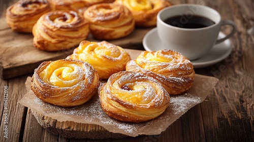 Assorted Danish pastries with powdered sugar on rustic table.