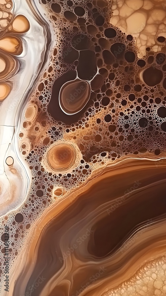 Obraz premium A mesmerizing background of fluid acrylic pour patterns in earthy tones, with marbled swirls and cells. 