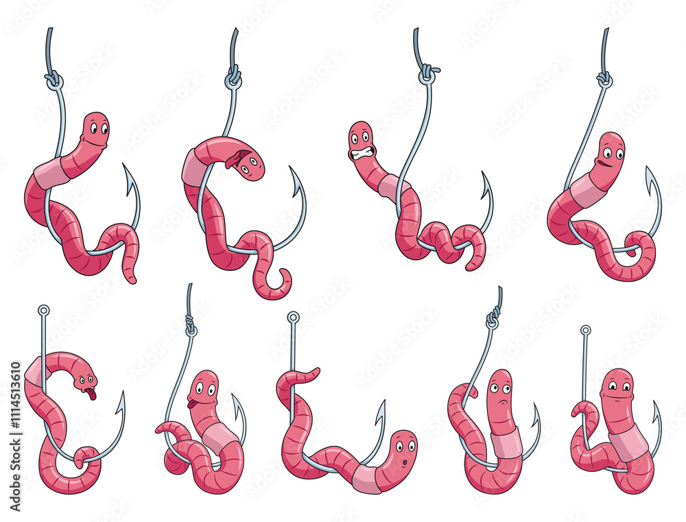 Cute worm characters on hook. Fishing leisure icon set. Funny symbols on fishing hook in cartoon style. illustration