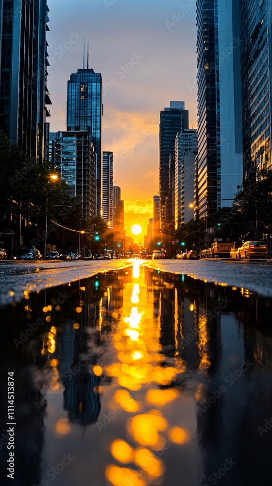 Naklejka premium a beautiful sunrise over a cityscape with skyscrapers and a wet road reflecting the light