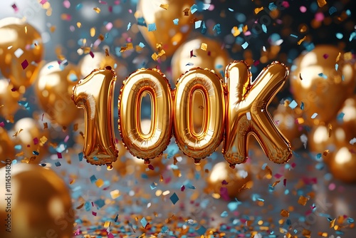 Celebrate 100K followers with 100K Gold Foil Balloons. Feel the great accomplishment and celebration. Perfect for social media promotion or to inspire special occasions for businesses and brands. photo