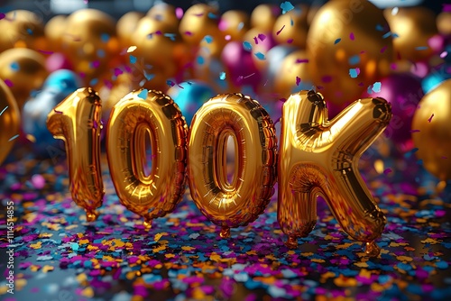 Celebrate 100K followers with 100K Gold Foil Balloons. Feel the great accomplishment and celebration. Perfect for social media promotion or to inspire special occasions for businesses and brands. photo