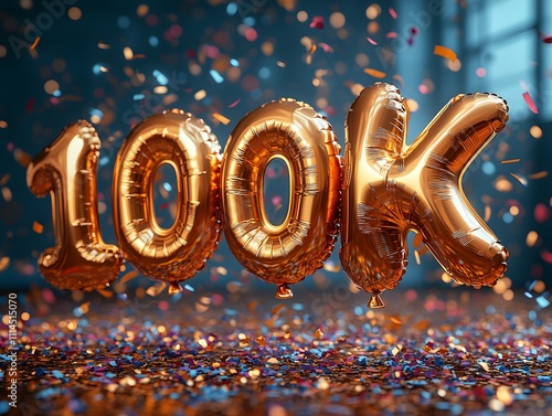 Celebrate 100K followers with 100K Gold Foil Balloons. Feel the great accomplishment and celebration. Perfect for social media promotion or to inspire special occasions for businesses and brands. photo