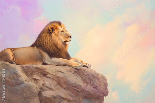 Majestic Lion Resting in Pastel Gradient, wildlife, animal, profile, rocky photo