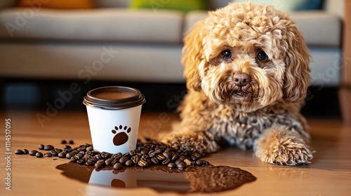 A charming fluffy dog looks sadly at the spilled coffee cup and scattered beans on the floor, creating a relatable and cozy scene in a warm living room setting. photo