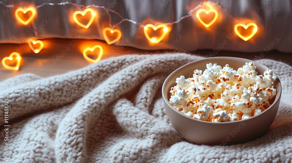 Romantic Movie Setup with Popcorn and Fairy Lights, blanket, cozy, heart, evening Romantic Movie Setup with Popcorn and Fairy Lights, blanket, cozy, heart, evening