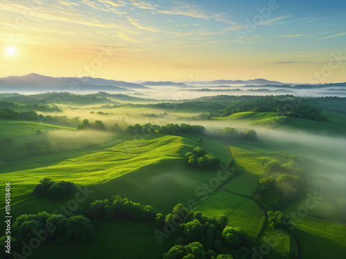 Wallpaper Mural Generated realistic illustration of aerial view of scenic green lush landscape at sunrise with low fog. Torontodigital.ca