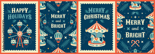 Set of vintage Christmas greeting card templates. Luna park elements, carousels, Ferris wheels, holiday decor. Nostalgia seasonal designs, invitations, stationery. Charming retro style. Bright colors