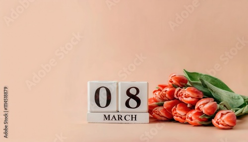 Rustic Charm for Women's Day. Coral Tulips and Wooden Date Blocks. Aesthetic Decoration and Gift Card Design Idea for March 8 Celebrations photo