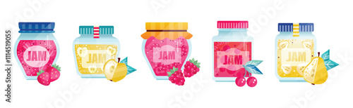 Jam Glass Jar with Fruit and Berry Canned Vector Set