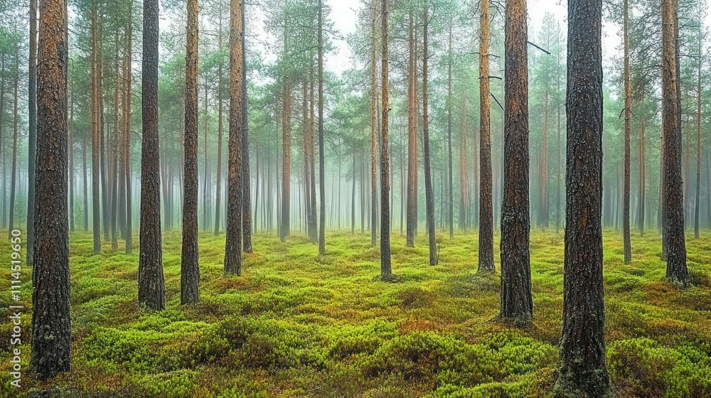 Fototapeta premium A misty pine forest where the entire ground is covered with a thick layer of green moss, background wallpaper AI generated image