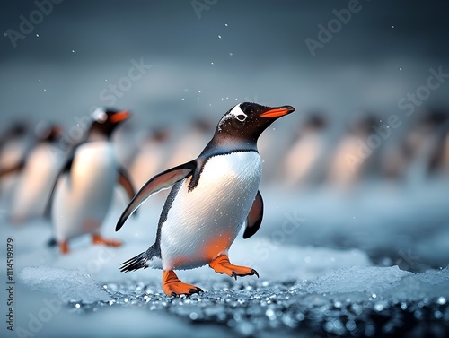 A colony of flightless seabirds with endearing expressions elegantly traversing the glittering ice covered ground of a vast snow blanketed tundra wilderness photo