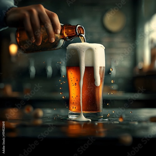 Bartender meticulously pouring a freshly crafted pint of beer capturing the aromatic hops and malty essence as the foam gently cascades down the sides of the glass photo