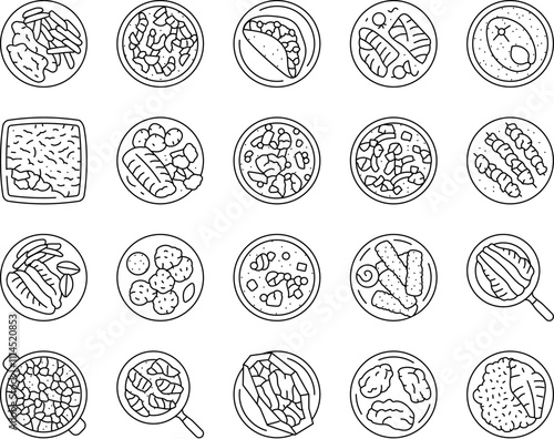 fish dishes icons set vector. chips ceviche tacos baked cod curry pie poached soup stew kebabs blackened cakes fish dishes black contour illustrations