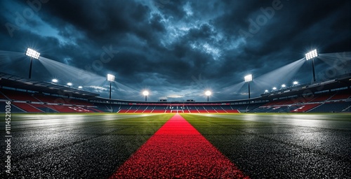 Dramatic Evening View of a Professional Sports Stadium with Floodlights and a Red Carpet photo