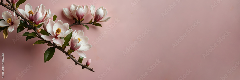 Obraz premium Magnolia flower on a branch with soft pink background for nature concept.