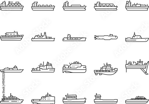 ship cargo maritime navigation icons set vector. deck hull, port starboard, stern bow, keel mast, sail captain, crew, voyage, dock ship cargo maritime navigation black contour illustrations