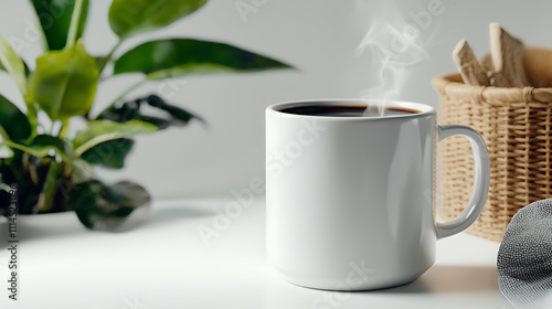 A white coffee mug with steam rising from it sits on a table next to a potted pl