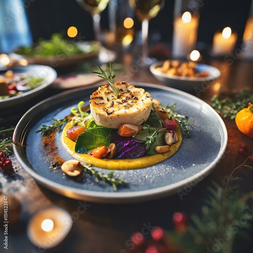 A vibrant, gourmet salad beautifully plated with fresh vegetables, fruits, and herbs. The dish includes ingredients like avocado slices, orange wedges, cherry tomatoes, leafy greens, and edible flower