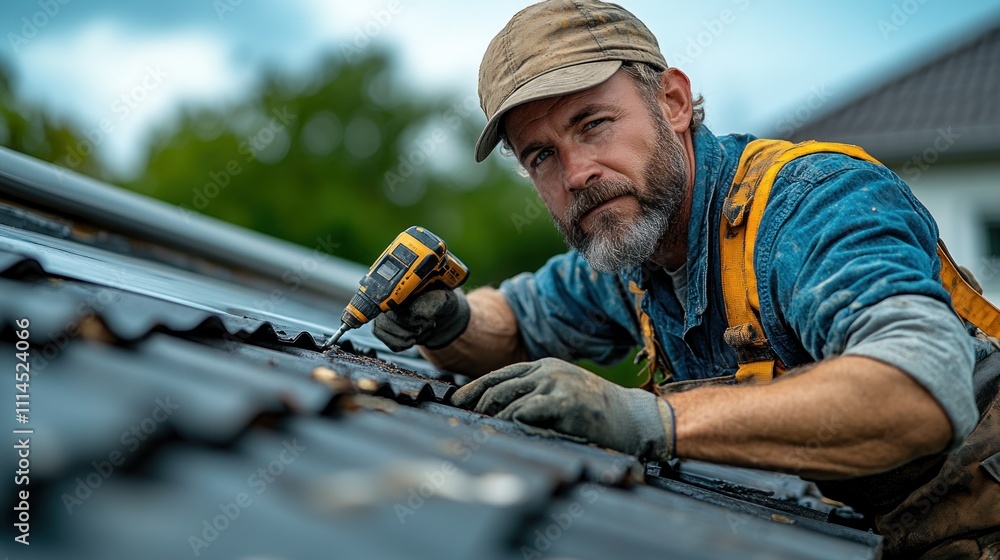 Roofer working on a metal roof with a drill. Roofer working on a metal roof with a drill.