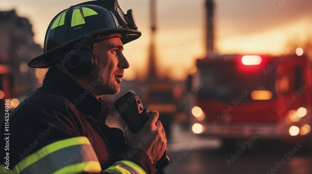Dedicated Firefighter at Sunset, Ready for Duty Dedicated Firefighter at Sunset, Ready for Duty