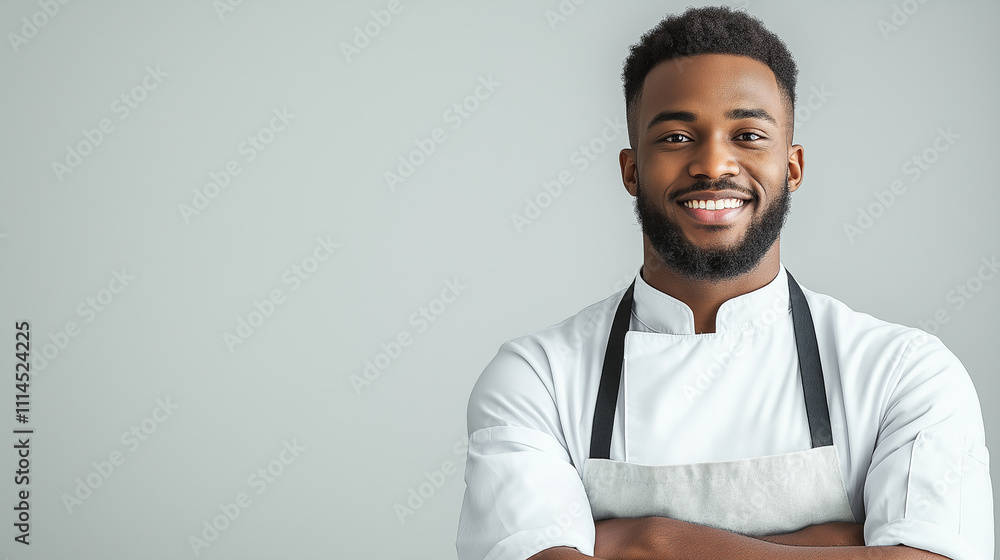 A smiling chef wearing a white apron and black straps poses against a plain gray background A smiling chef wearing a white apron and black straps poses against a plain gray background