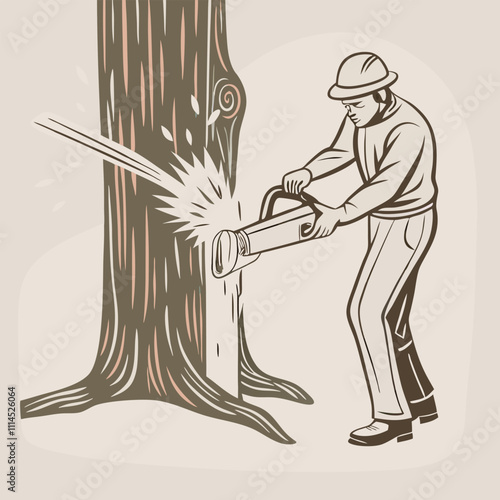 a black and white illustration of a man using a chainsaw to cut down a tree