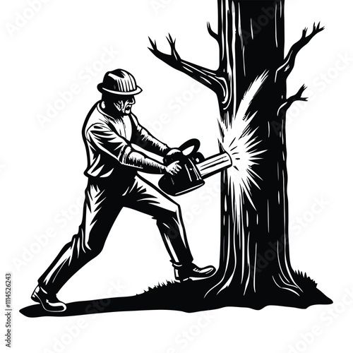 a black and white illustration of a man using a chainsaw to cut down a tree