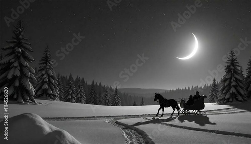 horse in winter forest christmas background photo